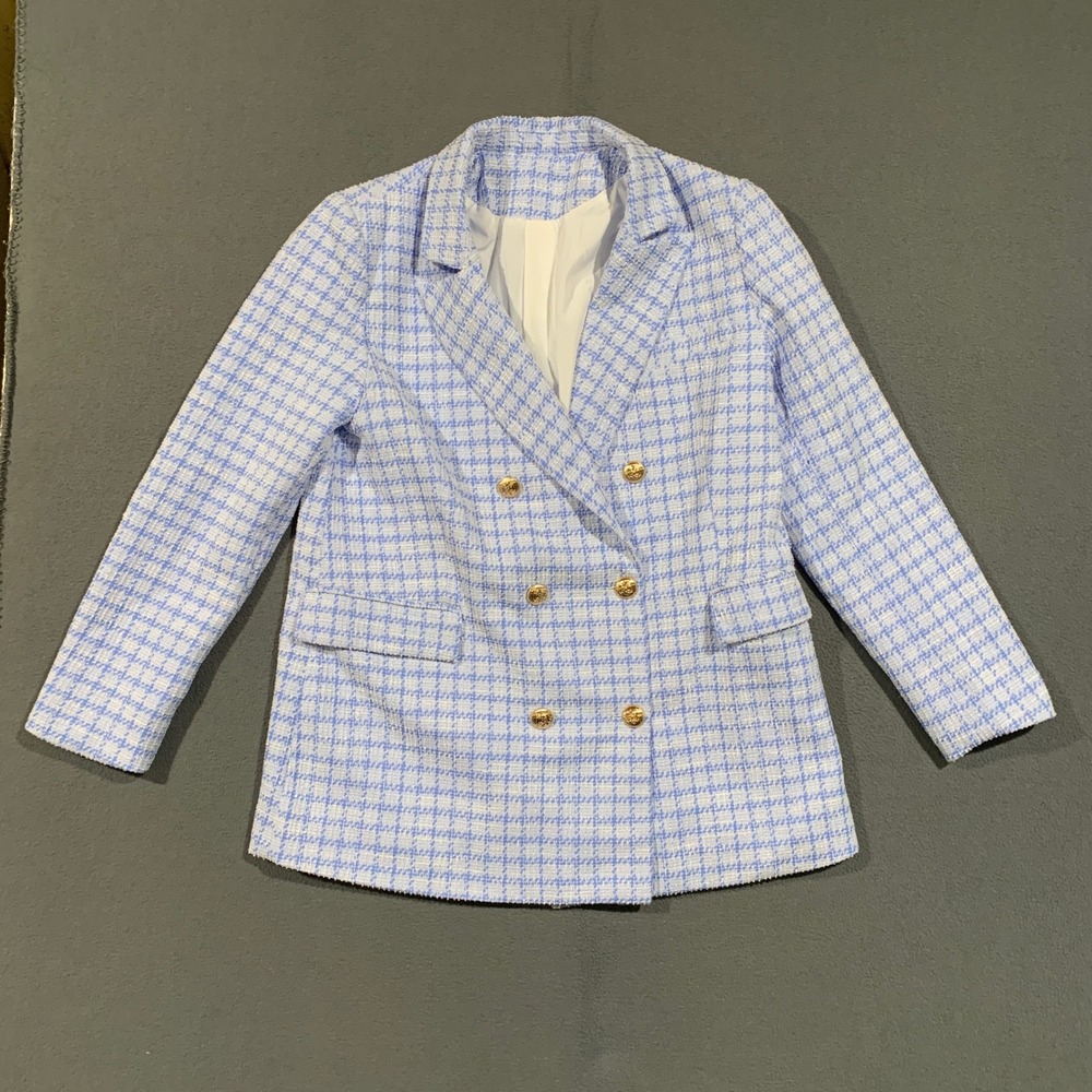 Boucle Blazer Women Size L Blue White Plaid Tweed Double Breasted Gold Button